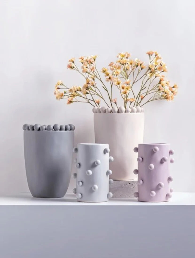 Morandi-Inspired Handmade Pomponette Vase, Dotted Cylinder Centerpiece