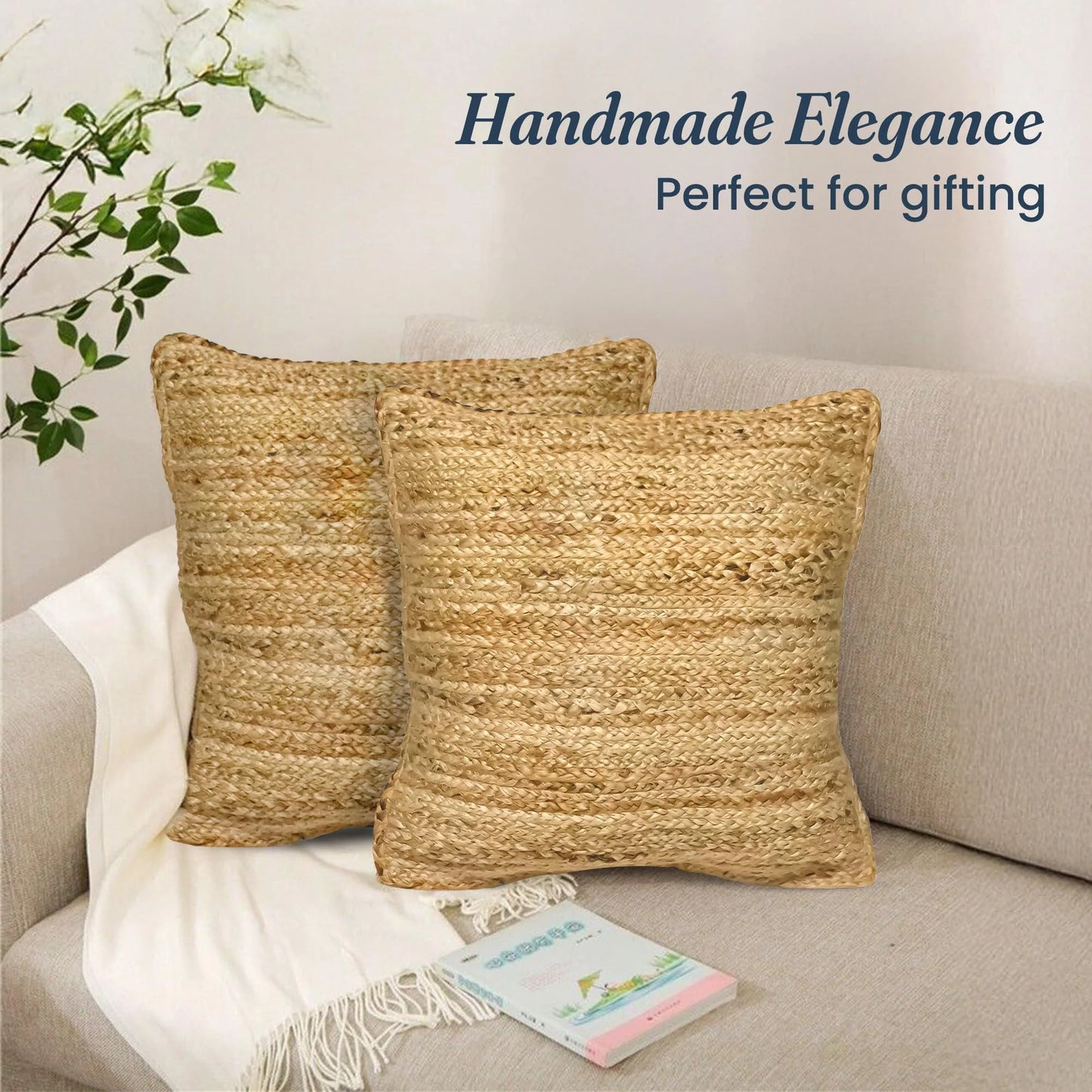 Fine Living Co. Braided Jute Throw Pillow Covers - Decorative Farmhouse Accent Pillows for Couch and Living Room Decor, 18 x 18 Inch, Set of 2