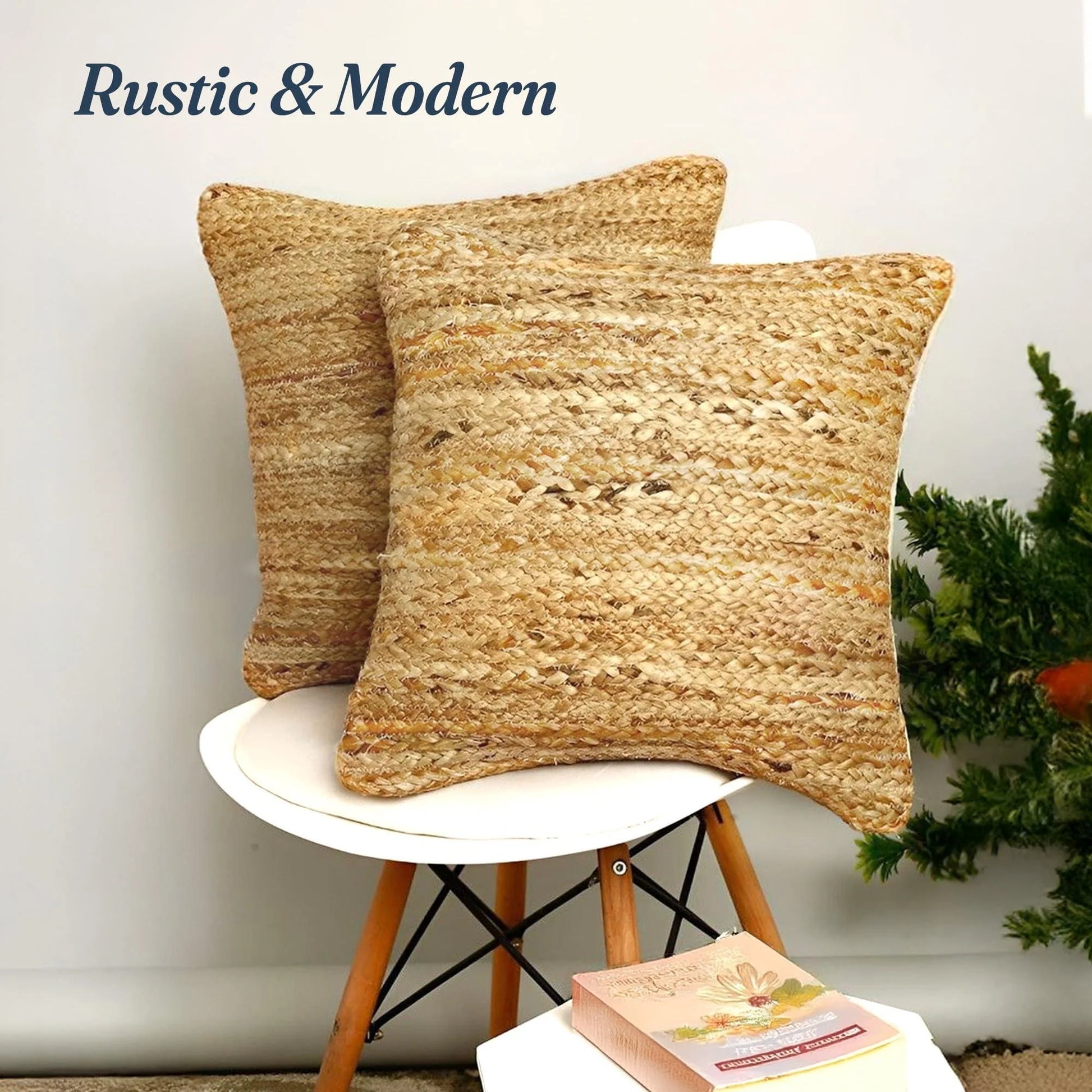 Fine Living Co. Braided Jute Throw Pillow Covers - Decorative Farmhouse Accent Pillows for Couch and Living Room Decor, 18 x 18 Inch, Set of 2