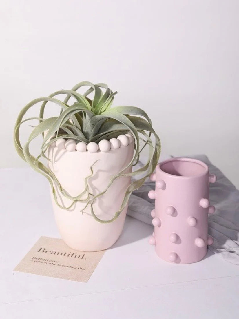 Morandi-Inspired Handmade Pomponette Vase, Dotted Cylinder Centerpiece