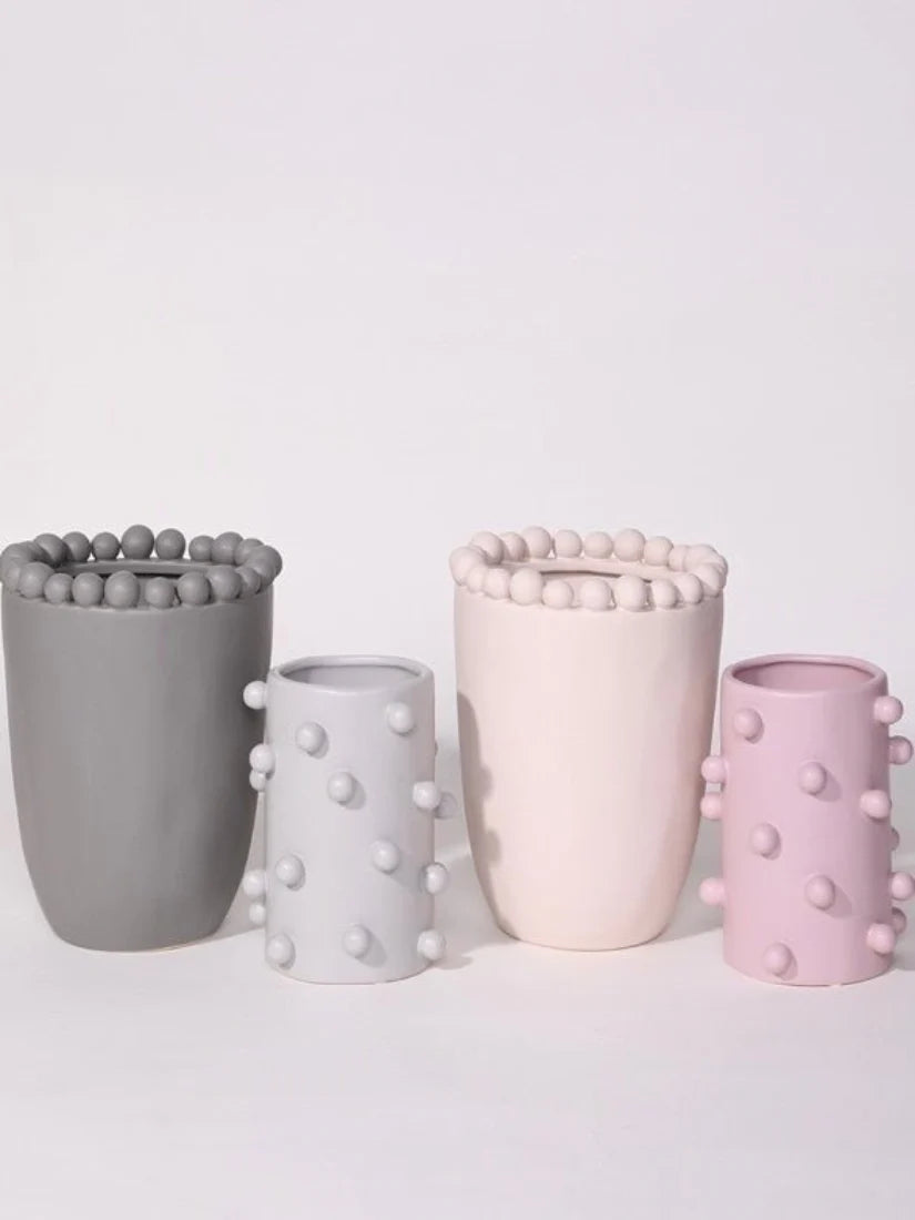 Morandi-Inspired Handmade Pomponette Vase, Dotted Cylinder Centerpiece