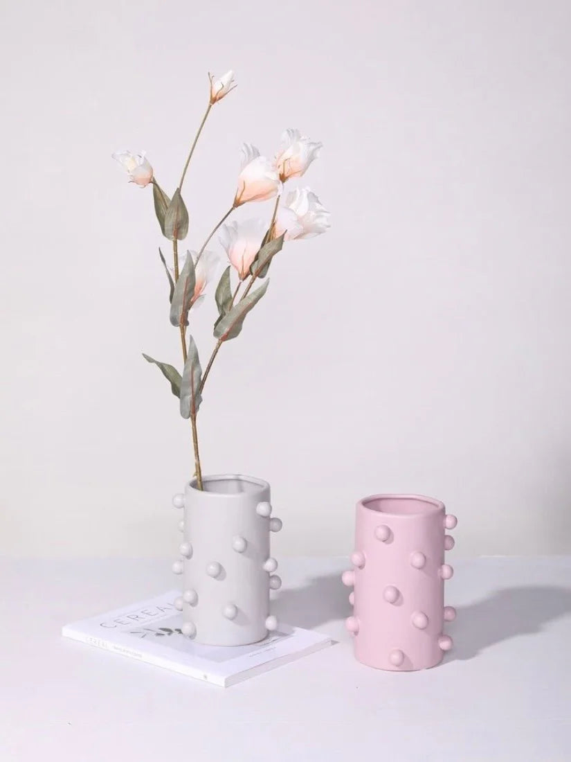 Morandi-Inspired Handmade Pomponette Vase, Dotted Cylinder Centerpiece