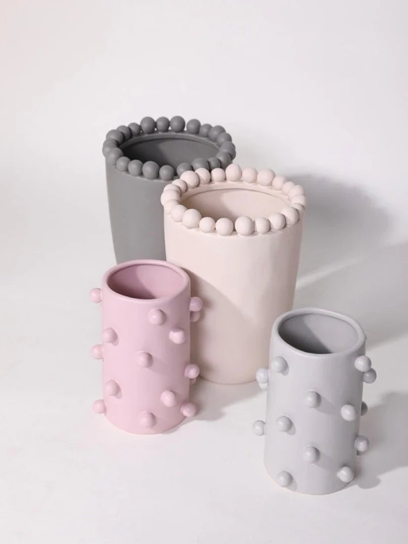 Morandi-Inspired Handmade Pomponette Vase, Dotted Cylinder Centerpiece