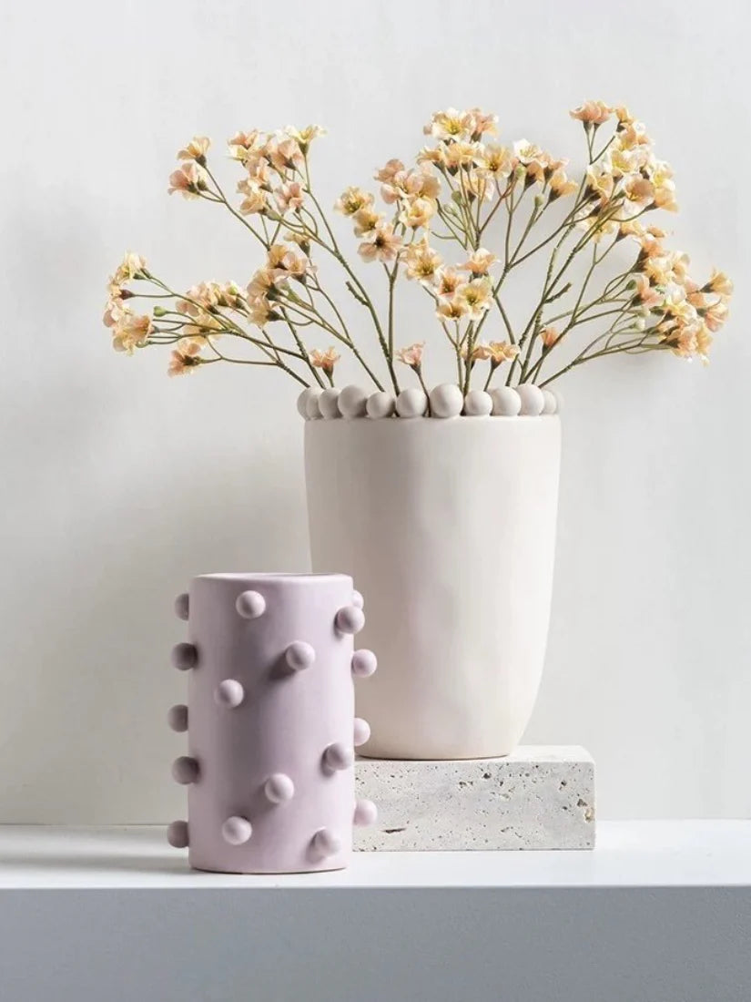 Morandi-Inspired Handmade Pomponette Vase, Dotted Cylinder Centerpiece