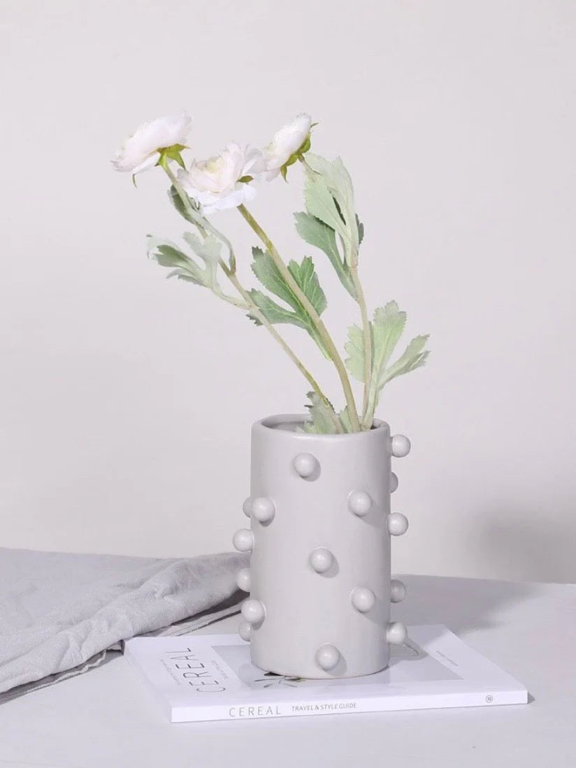 Morandi-Inspired Handmade Pomponette Vase, Dotted Cylinder Centerpiece