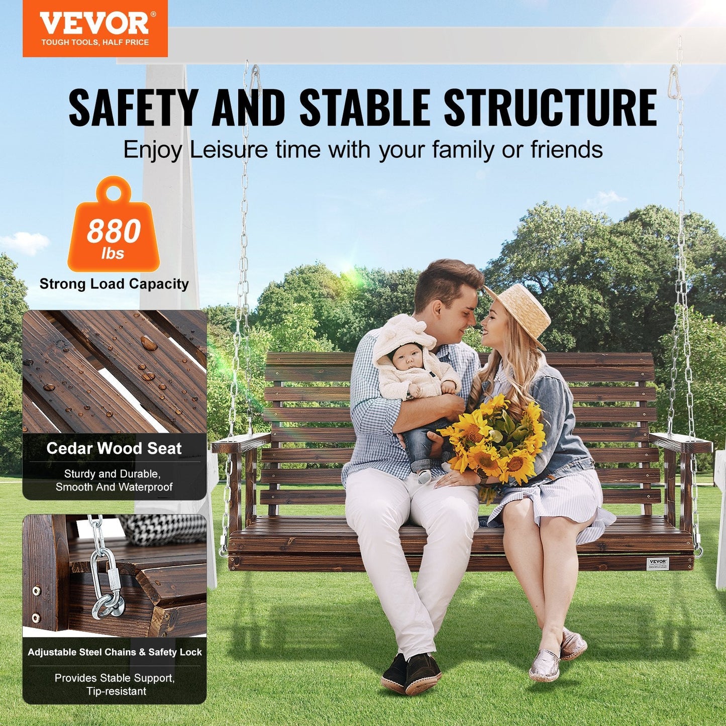 Transform your outdoors with the our 4.5 Ft Wooden Porch Swing! Perfect for your garden or courtyard, it supports 880 lbs and comes with sturdy hanging chains.