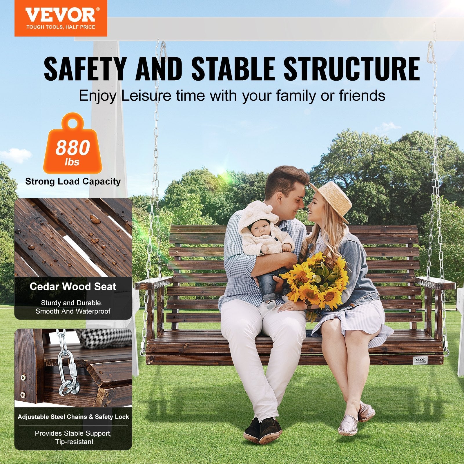 Transform your outdoors with the our 4.5 Ft Wooden Porch Swing! Perfect for your garden or courtyard, it supports 880 lbs and comes with sturdy hanging chains.