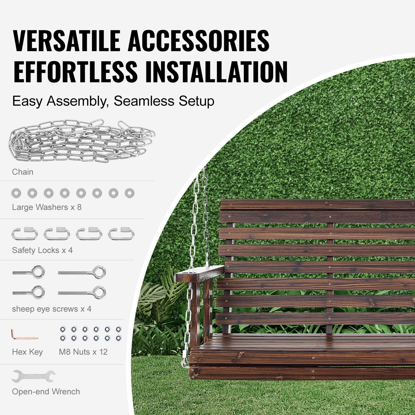 Transform your outdoors with the our 4.5 Ft Wooden Porch Swing! Perfect for your garden or courtyard, it supports 880 lbs and comes with sturdy hanging chains.