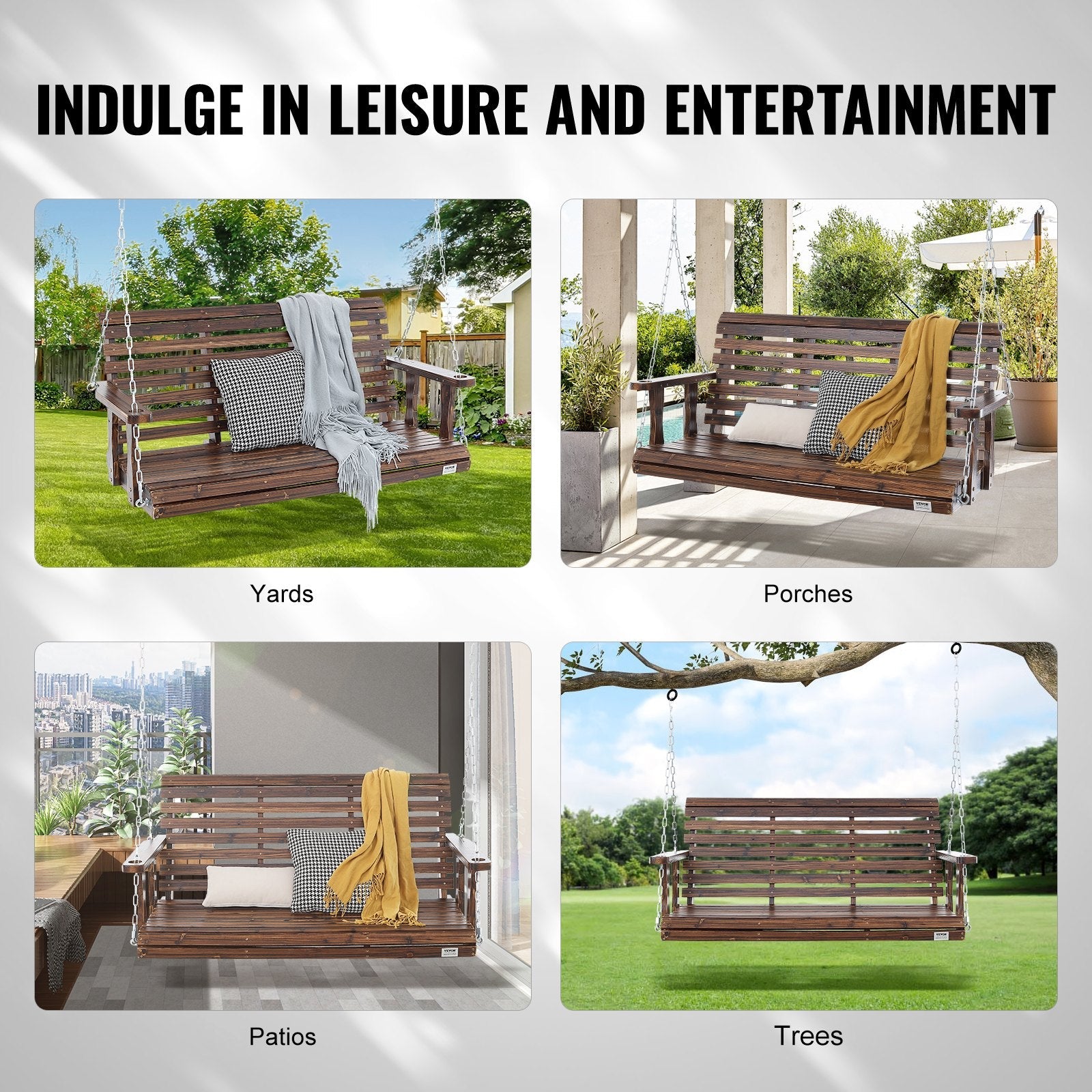 Transform your outdoors with the our 4.5 Ft Wooden Porch Swing! Perfect for your garden or courtyard, it supports 880 lbs and comes with sturdy hanging chains.
