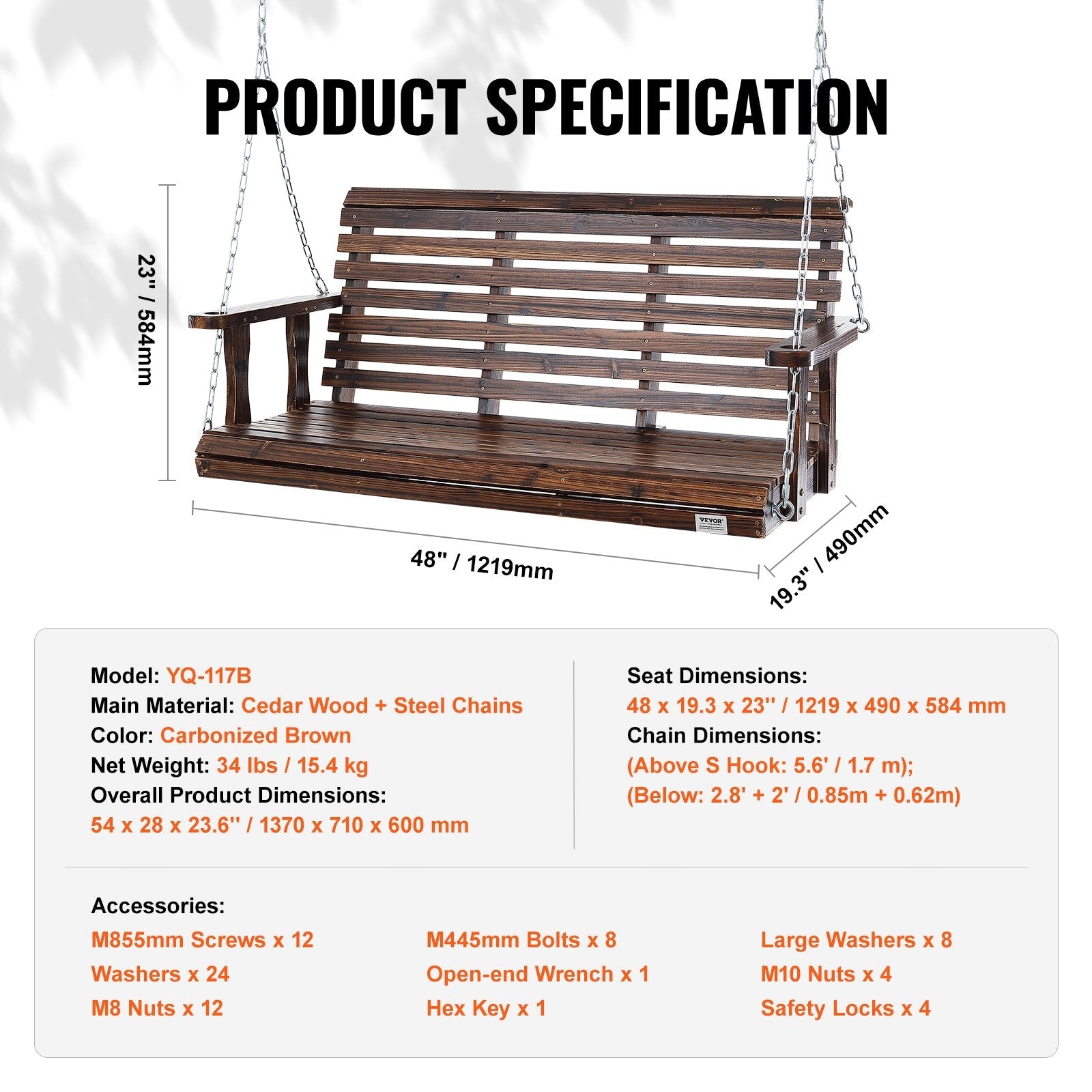 Transform your outdoors with the our 4.5 Ft Wooden Porch Swing! Perfect for your garden or courtyard, it supports 880 lbs and comes with sturdy hanging chains.