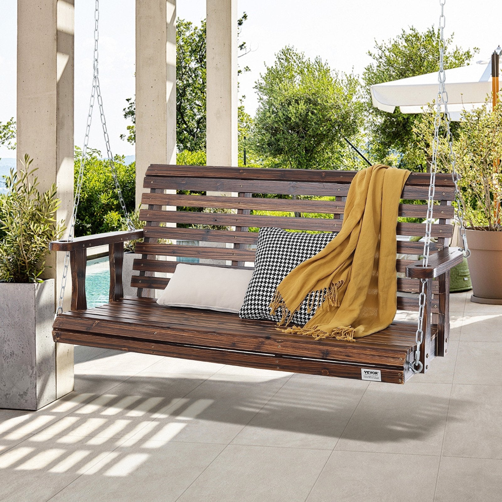 Transform your outdoors with the our 4.5 Ft Wooden Porch Swing! Perfect for your garden or courtyard, it supports 880 lbs and comes with sturdy hanging chains.